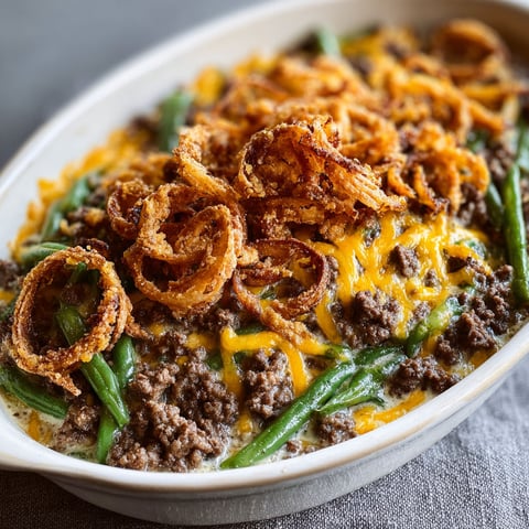 A plate of food with a green bean casserole.