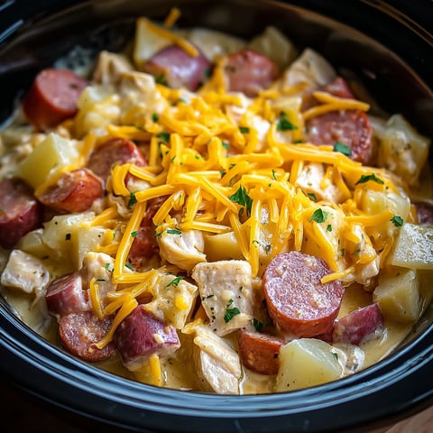 A crockpot filled with chicken, sausage, and cheese.
