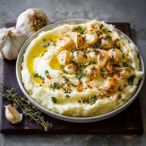 A bowl of mashed potatoes with roasted garlic.