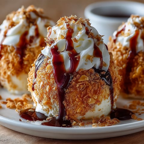 A plate of fried ice cream with chocolate sauce drizzled on top.