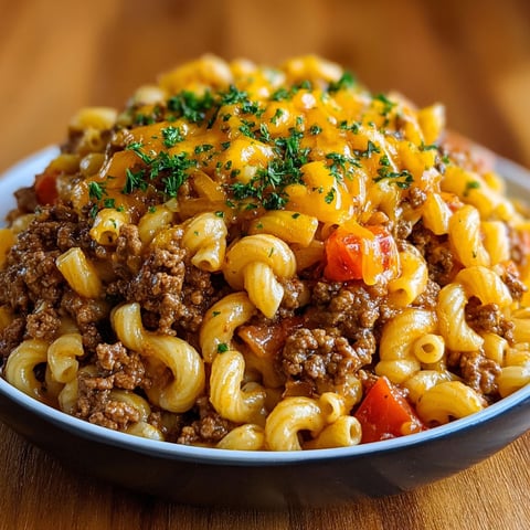 A bowl of Hamburger Helper with a generous amount of cheese.