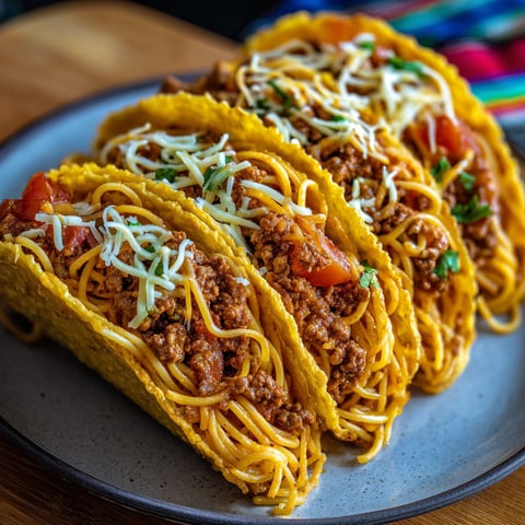 A plate of spaghetti tacos with ground beef.