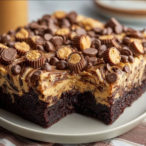 A slice of a Reese's Peanut Butter Earthquake cake.