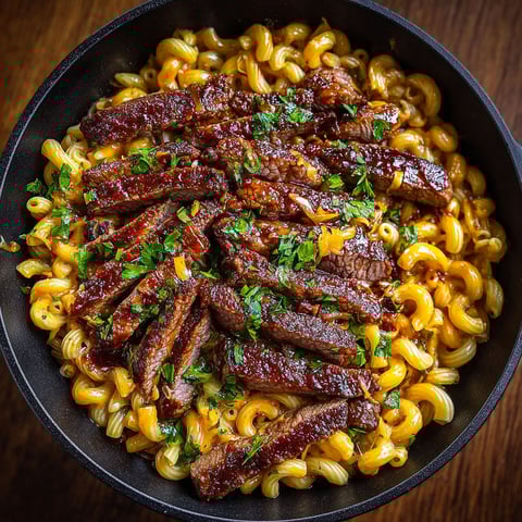 A close up of a delicious one pot smoky honey BBQ steak.