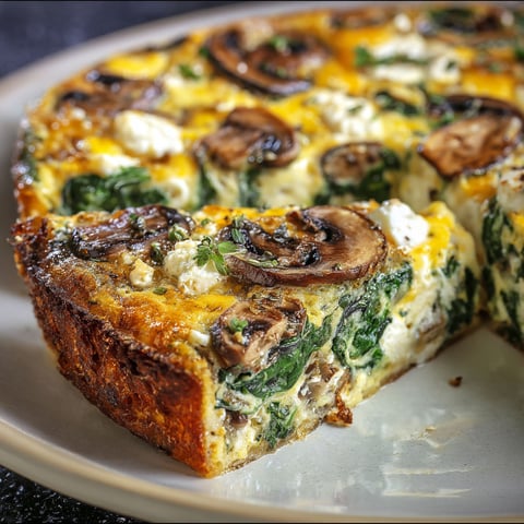 A slice of a quiche with mushrooms and spinach.