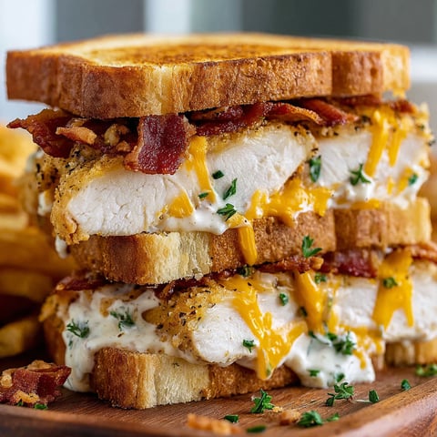 A stack of chicken sandwiches with bacon and ranch dressing.