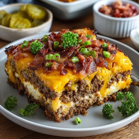 A close up of a delicious bacon cheeseburger casserole.