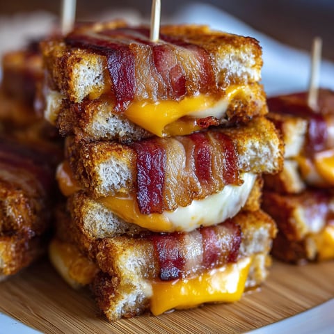 Bacon wrapped grilled cheese fingers stacked on a plate.