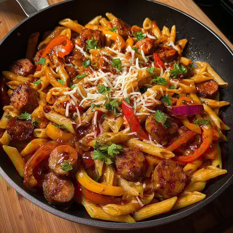 A delicious Sweet Chili BBQ Sausage Pasta dish.