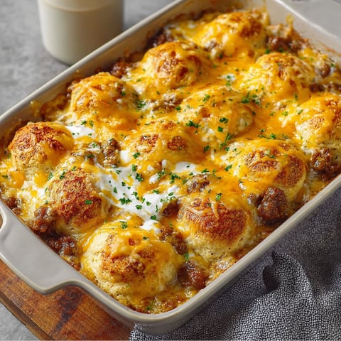 A cheesy sausage biscuit bake in a pan.