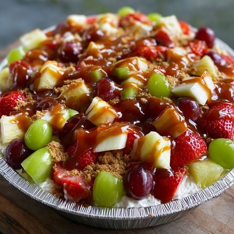 A cheesecake fruit salad with caramel topping.