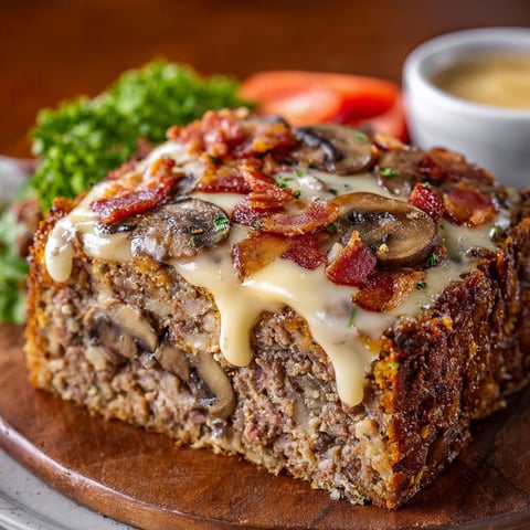 A slice of double bacon swiss mushroom melt.