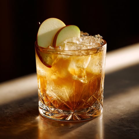 A glass of dark and stormy with a slice of apple.