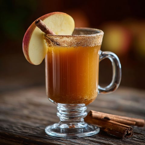 A glass of hot apple buttered rum with a cinnamon stick on the side.