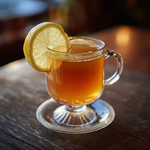 A glass of caramel hot toddy with a lemon wedge on top.