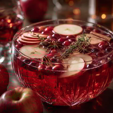 A glass bowl filled with cranberries, apples, and cinnamon.