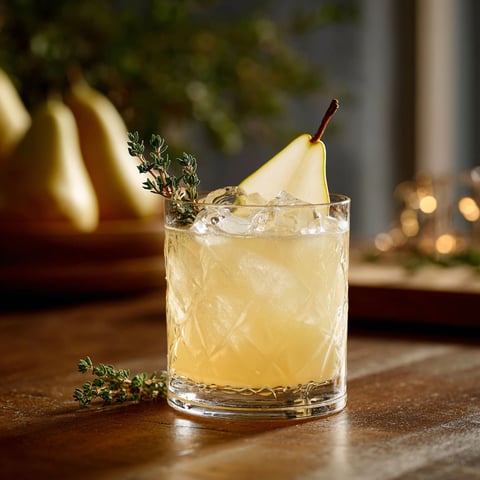 A glass of Spiced Pear Gin with a slice of pear and a sprig of rosemary.