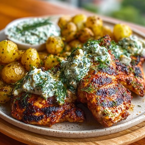 A plate of food with chicken, potatoes, and sauce.