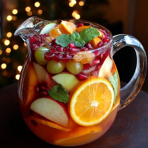 A glass of fruit is filled with a variety of fruits including oranges, apples, and grapes.