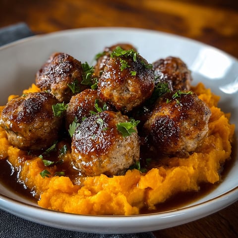 A plate of meatballs with a sweet potato mash and a bourbon maple sauce.