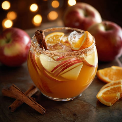 A glass of Harvest Punch with a cinnamon stick in it.
