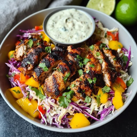 A bowl of jerk chicken mango slaw with honey lime cream.