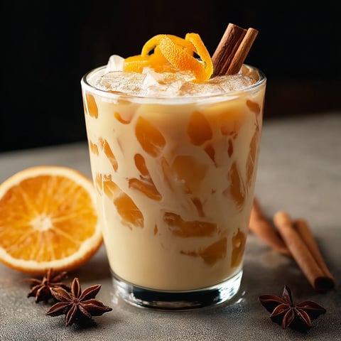 A glass of iced orange cinnamon milk tea.