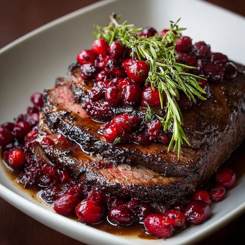 A plate of roast beef with cranberries on top.