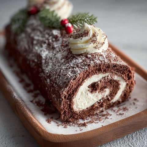 A chocolate Yule log cake with white frosting and a sprig of holly.
