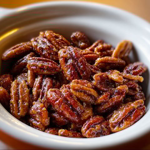 A bowl of pecans with a whiskey glaze.