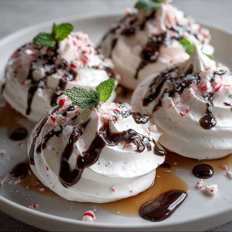 Peppermint meringues with chocolate drizzle.