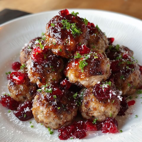 A plate of meatballs covered in cranberry sauce.