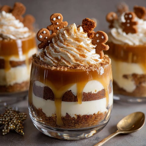 A gingerbread trifle with white cream and cookies.
