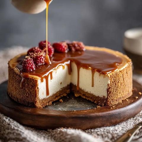 A slice of creamy gingerbread cheesecake with caramel bliss.