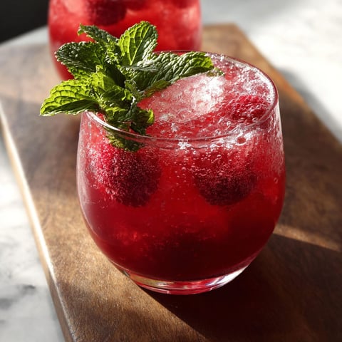 A glass of raspberry ginger ale punch with a mint garnish.