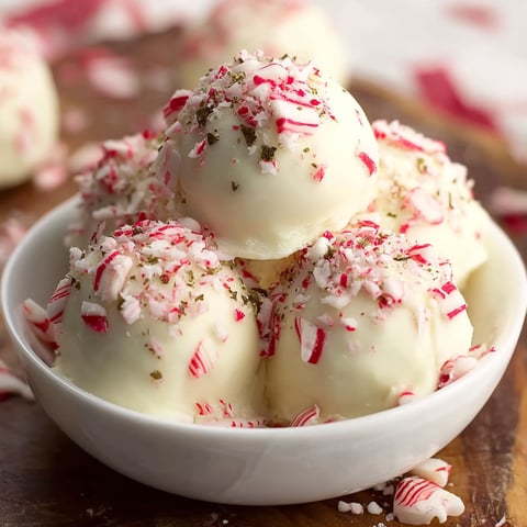 A bowl of peppermint truffles made with cream cheese.
