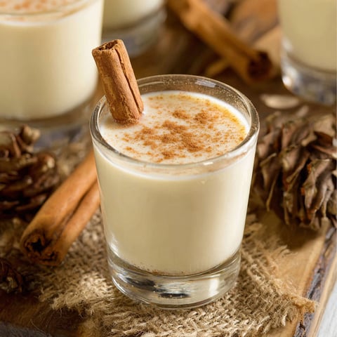 A glass of eggnog with a cinnamon stick in it.