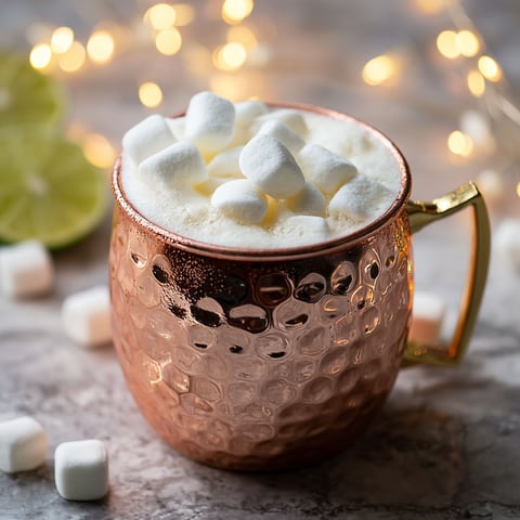 A cup of marshmallow mule with a gold handle.