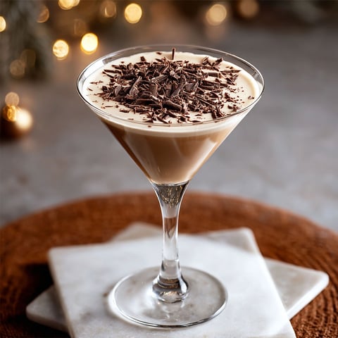 A martini glass with chocolate shavings on top.
