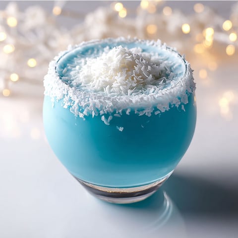 A blue glass filled with a white drink.