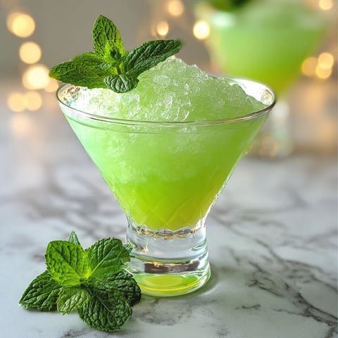 A glass of green cocktail with a mint garnish.
