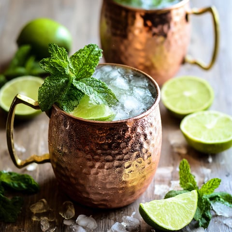 Two copper mugs filled with a peppermint Moscow Mule.