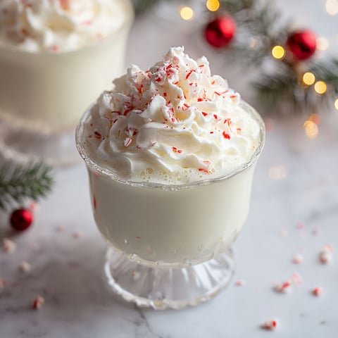 A glass of white cream with red and white sprinkles on top.