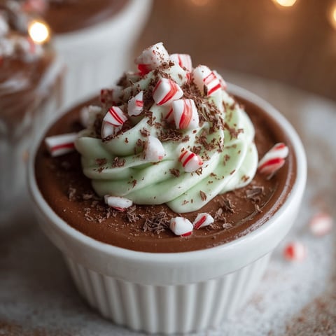 A small white bowl filled with a chocolate and peppermint mousse.