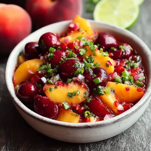 A bowl of salsa with cherries and peaches.