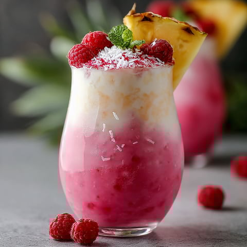 A glass of pink and white drink with a pineapple wedge on top.
