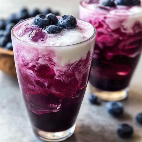 Two glasses of blueberry Italian cream soda.