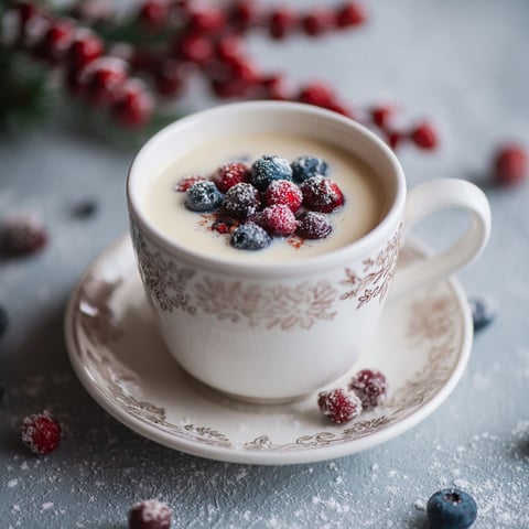 A cup of hot chocolate with berries in it.