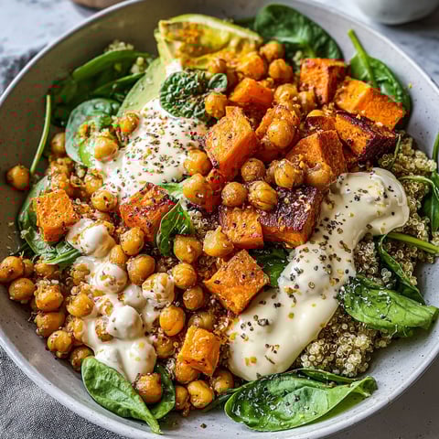 A bowl of food with a variety of ingredients, including chickpeas, carrots, and greens.