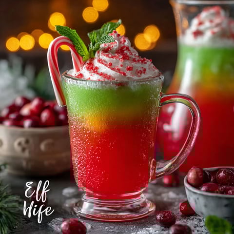 A glass of Elf Juice with red, green, and yellow colors.